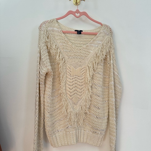 Sweaters - H&M Boho Fringe Open-Knit Cream Sweater